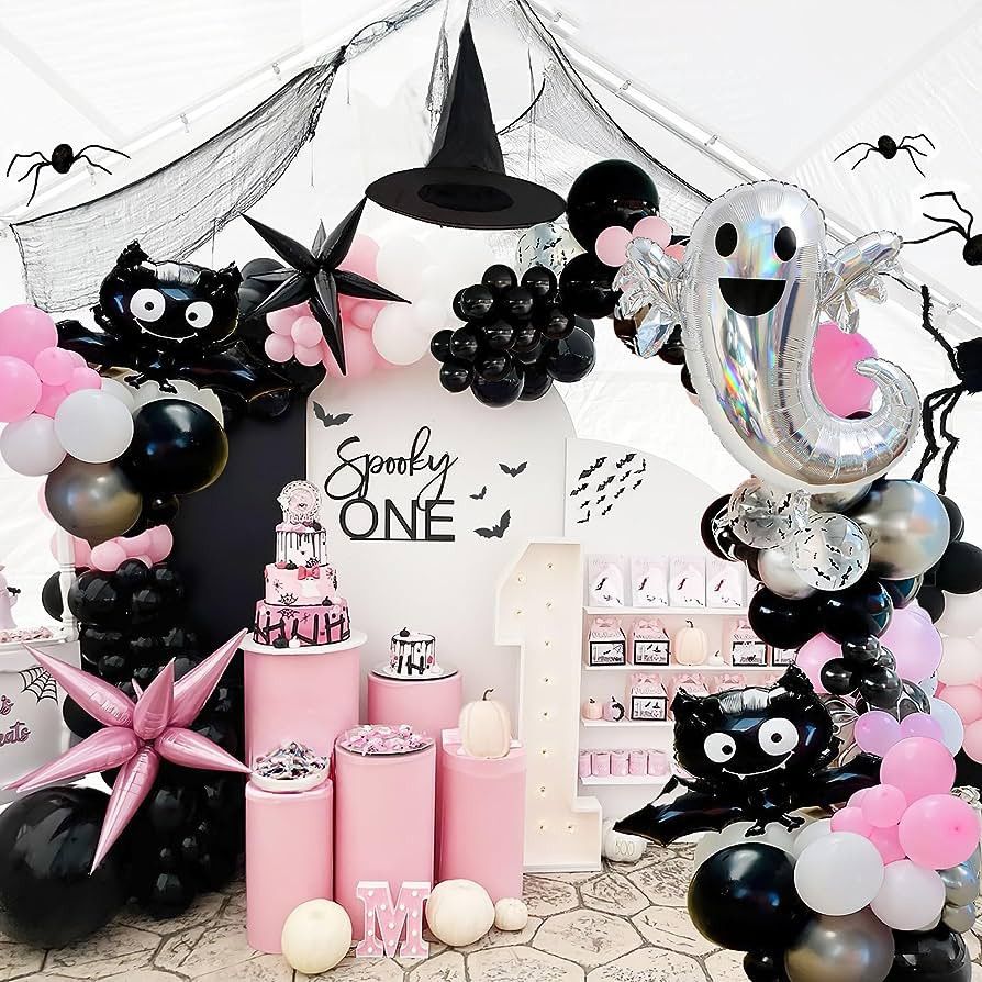 Pink and Black Silver Balloon Garland Kit 130Pcs With Starburst Ghost balloon and wizard Hat for ... | Amazon (US)