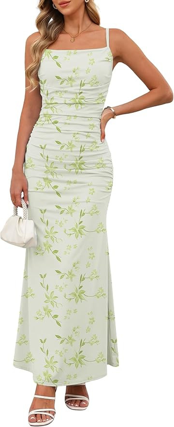 Women Sleeveless Spaghetti Strap Floral Maxi Dress Ruched Bodycon Beach Wedding Guest Backless Lo... | Amazon (US)