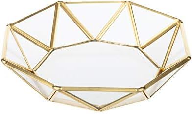Feyarl Gold Clear Glass Jewelry Trinket Tray Dish Plate Ornate Ring Earring Cosmetic Vanity Decorati | Amazon (US)