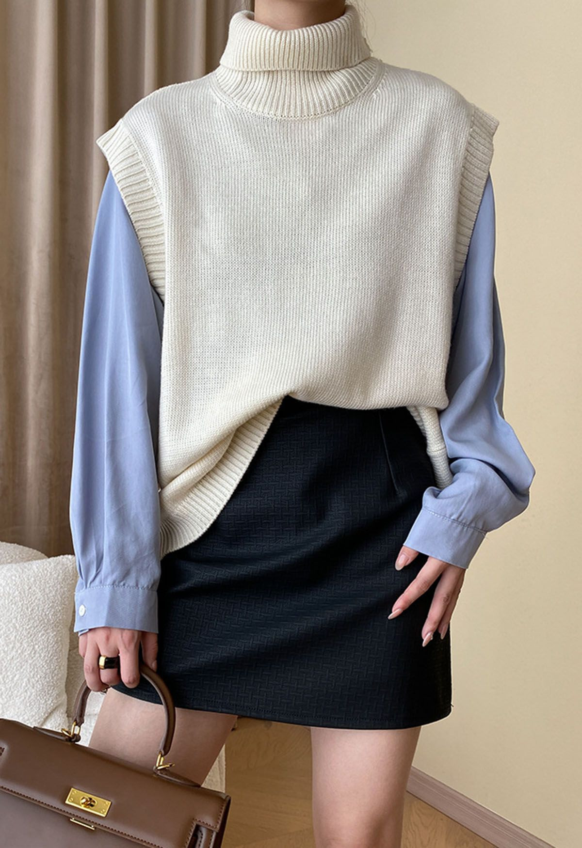 Solid Turtleneck Knit Vest in Ivory | Chicwish