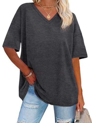 ADOREJOY Oversized Tshirts for Women V Neck Summer Graphic Tees Casual Short Sleeve Loose Tops, Pure Grey, 3XL | Amazon (US)