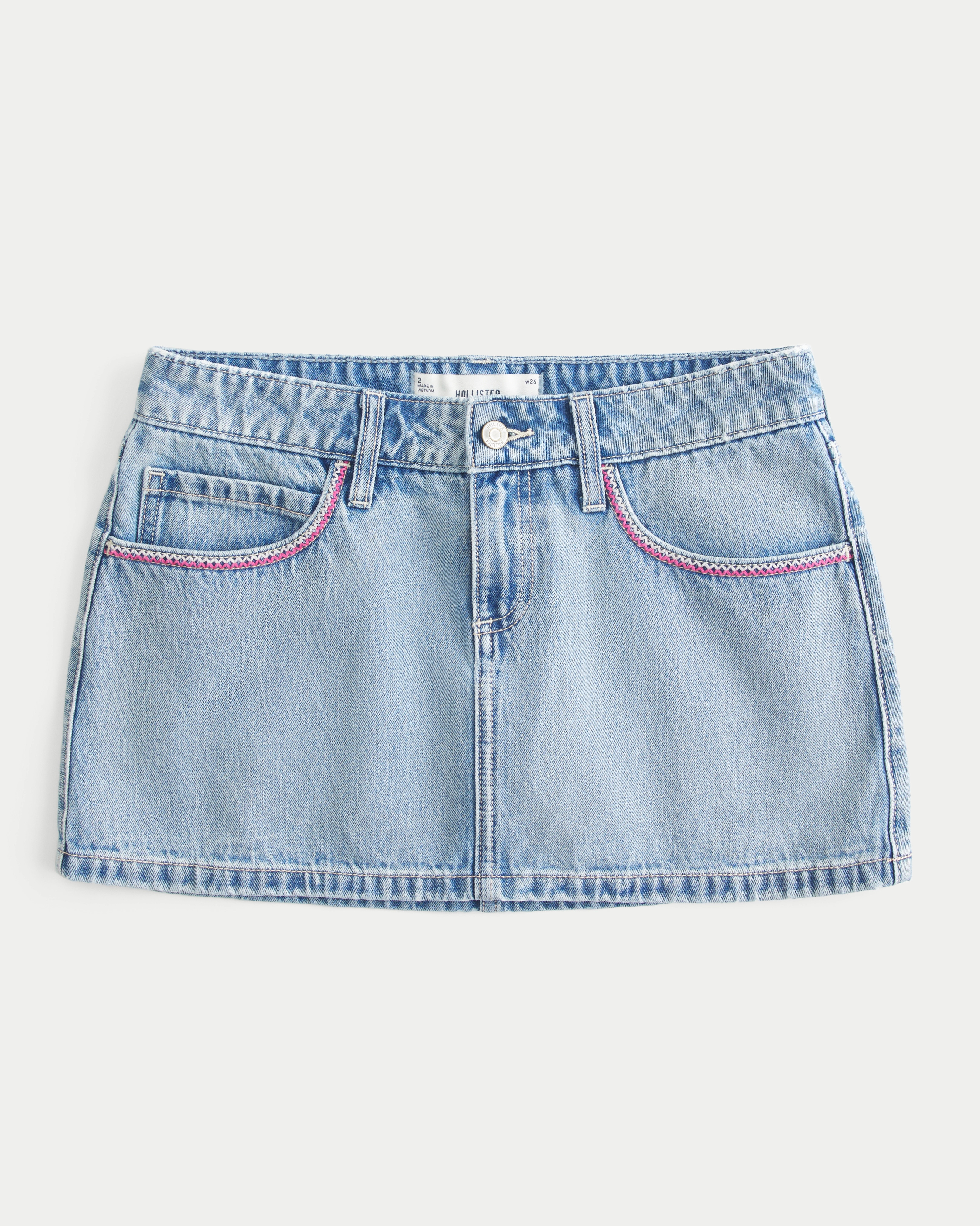 Low-Rise Pink Embroidered Light Wash Denim Mini Skort | Hollister (US)