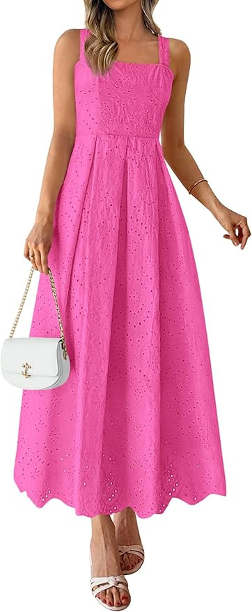 PRETTYGARDEN Womens Sleeveless Maxi Summer Dresses 2026 Hollow Out Eyelet Square Neck Ruffle Flow... | Amazon (US)