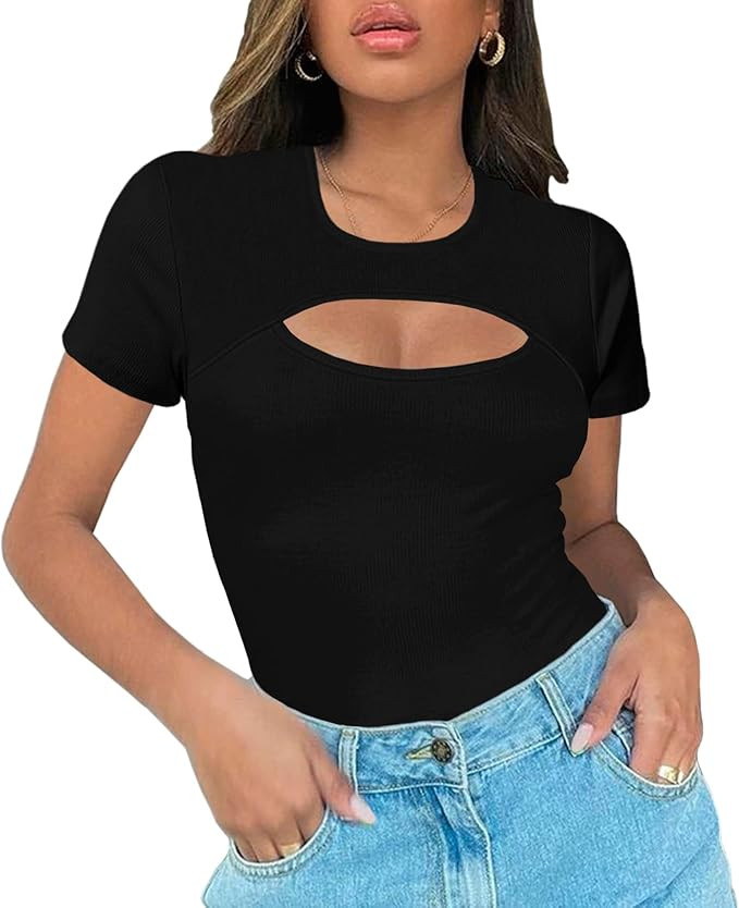 Afibi Womens Cutout Front Tops Short Sleeves Ribbed Sexy Fitted T-Shirts | Amazon (US)
