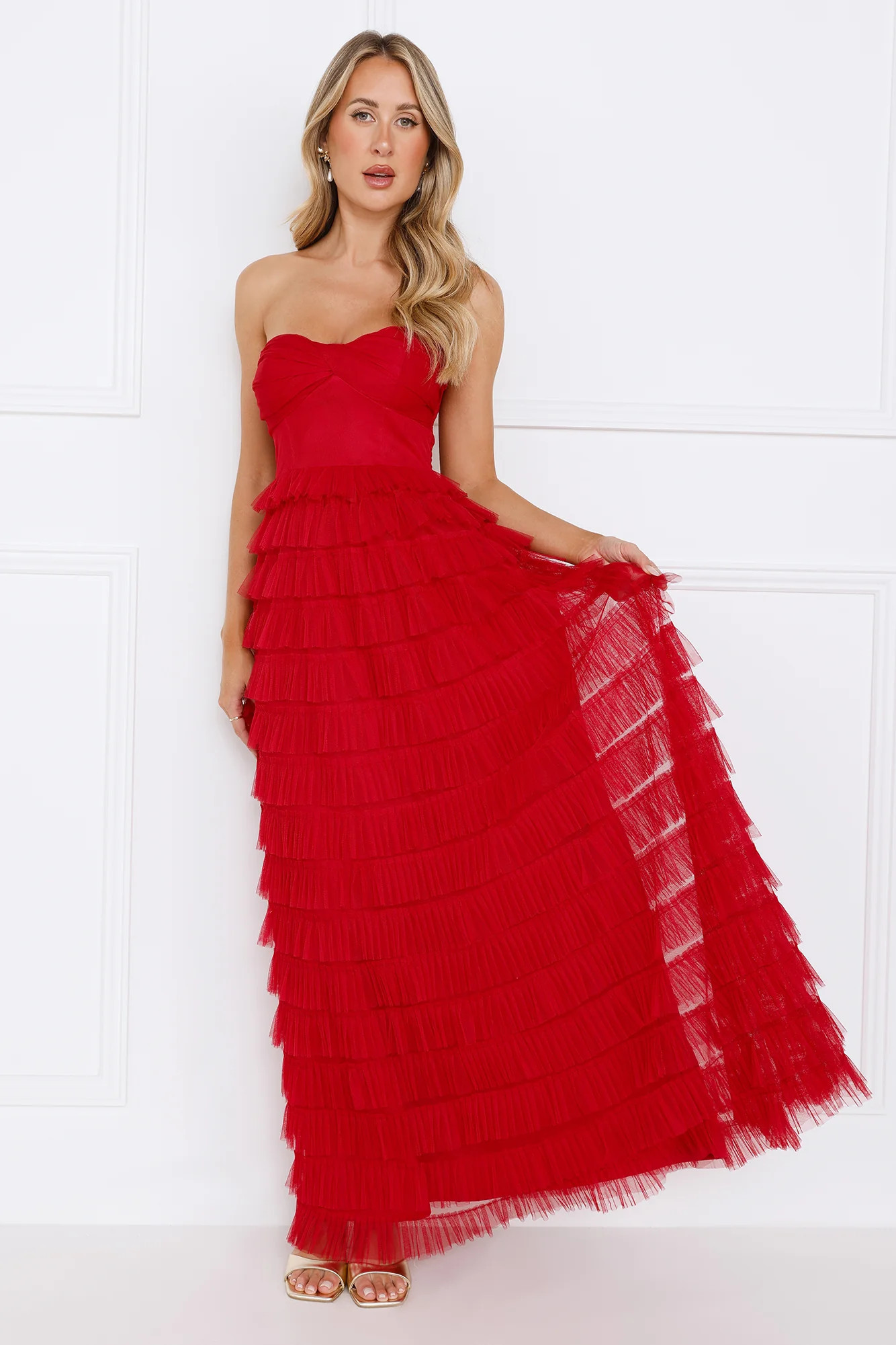 Lovers In Paris Strapless Tulle Maxi Dress Red | Hello Molly (AU)