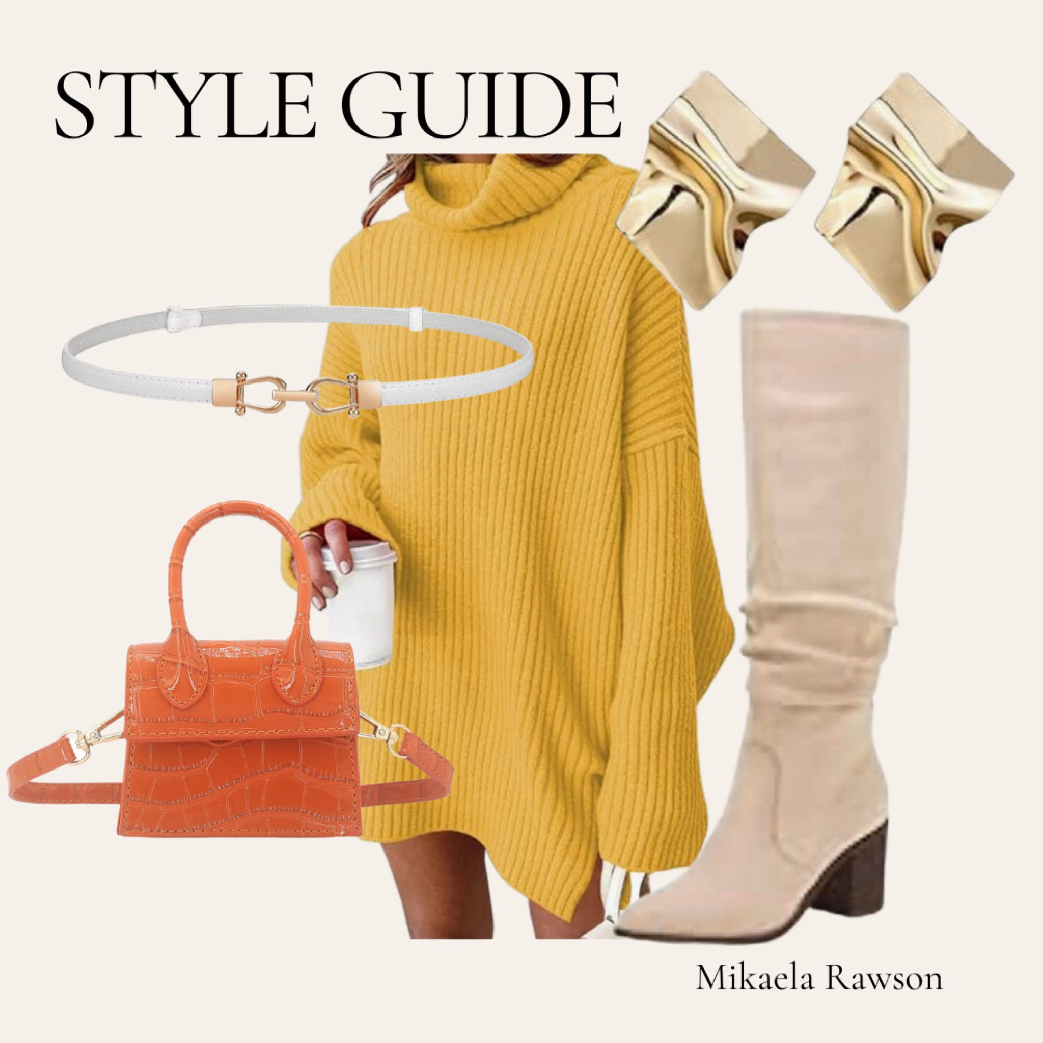STYLE GUIDE BY MIK

yellow fall sweater dress. Small orange crossbody purse. White dress belt. Knee high tan boots. Gold statement earrings  

#LTKGiftGuide #LTKHoliday #LTKSeasonal