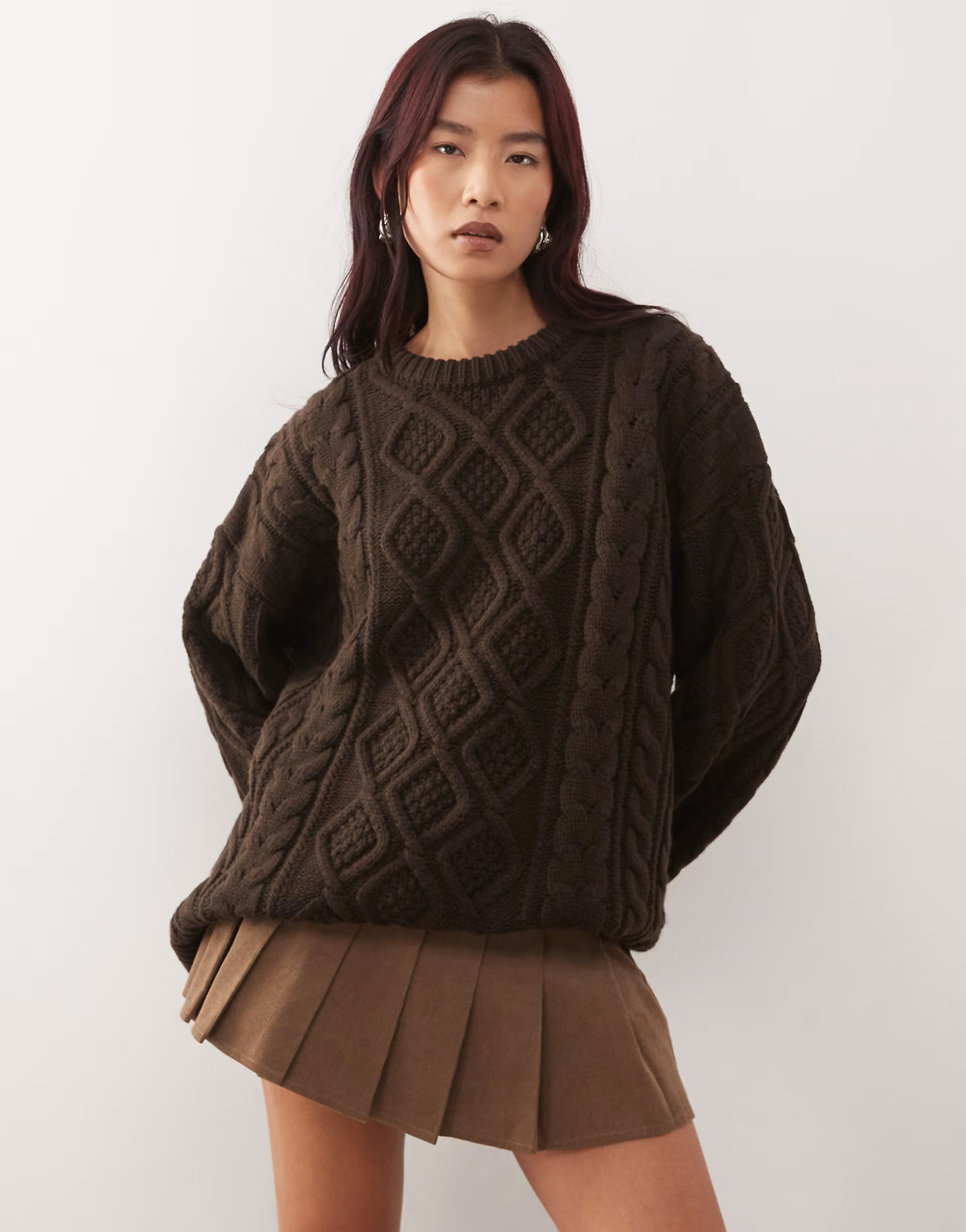 Lioness Gigi oversized chunky cable knit wide sleeve sweater in chocolate | ASOS (Global)