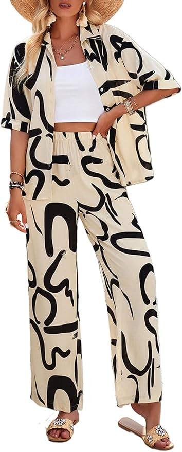 Peaceglad Womens Summer Print 2 Piece Pajama Sets Short Sleeve Button Down Outfit Long Pants Slee... | Amazon (US)