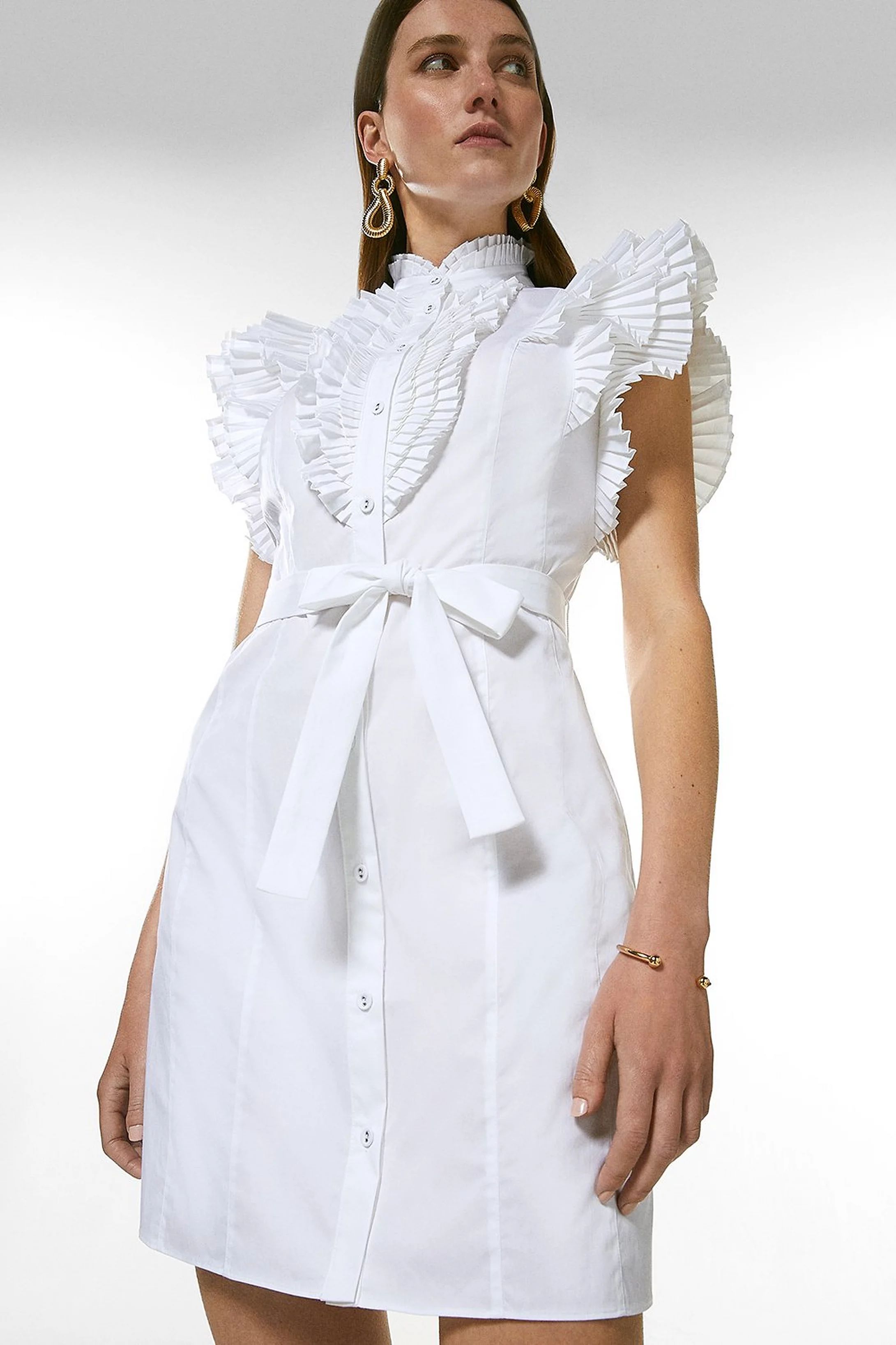 Pleat Ruffle Belted Shirt Dress | Karen Millen UK & IE