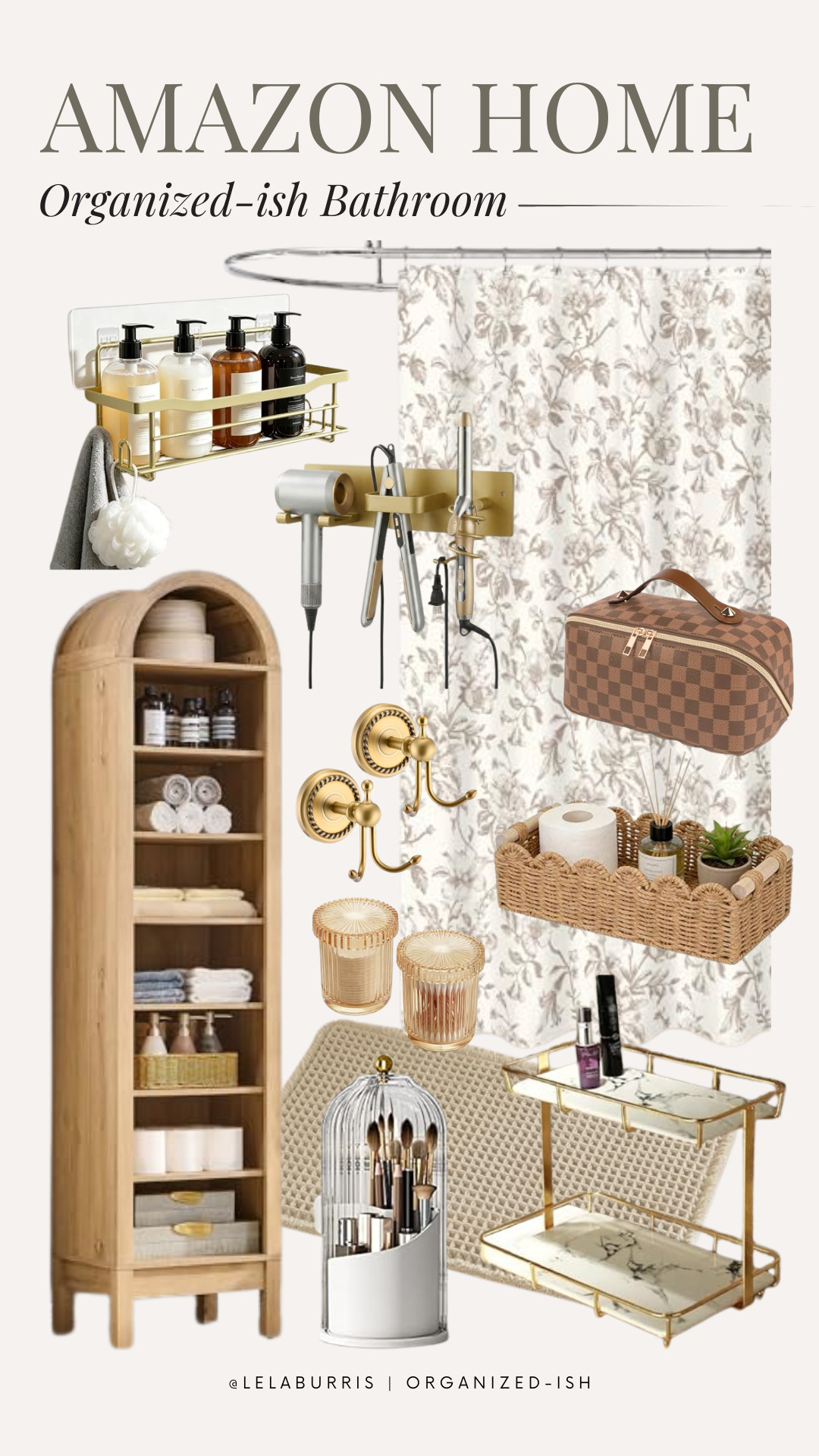 Organized-ish bathroom collection with brass, gold, woods, and woven materials 

 #LTKHome