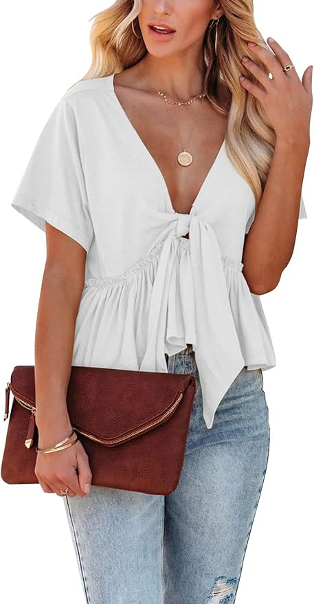 Fanway&EC Women's Short Sleeve V Neck Blouses Ruffle Hem Tie Front Crop Tops Lightweight Basic Su... | Amazon (US)