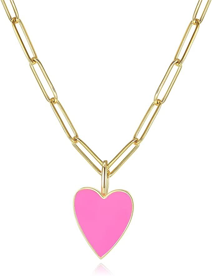 Heart Necklace for Women Girls,Preppy Jewelry Dainty Paperclip Chain Necklace for Women,Cute Pink... | Amazon (US)