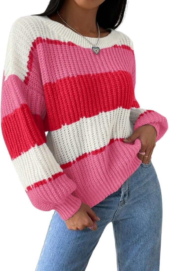 Fall Women's Pullover Sweater Colorblock Drop Shoulder Ribbed Knit Sweater Round Neck Jumper Knit... | Amazon (US)