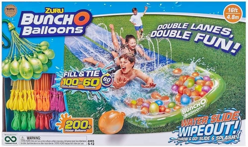Bunch O Balloons Water Slide Wipeout 2 Lane + 5 Balloon Bunches (165+ Water Balloons) by ZURU Rap... | Amazon (US)