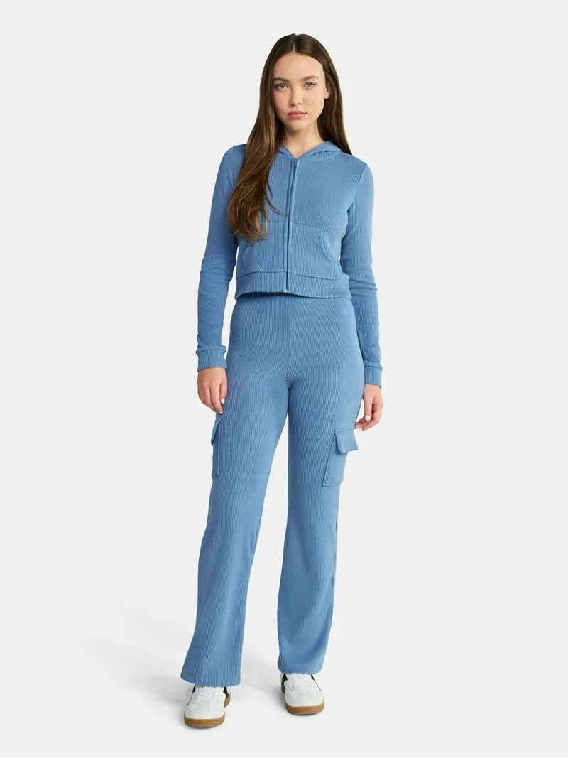 No Boundaries Brushed Ribbed Zip-Up Hoodie and Flare Pants Set, 2-Piece, Women's | Walmart (US)