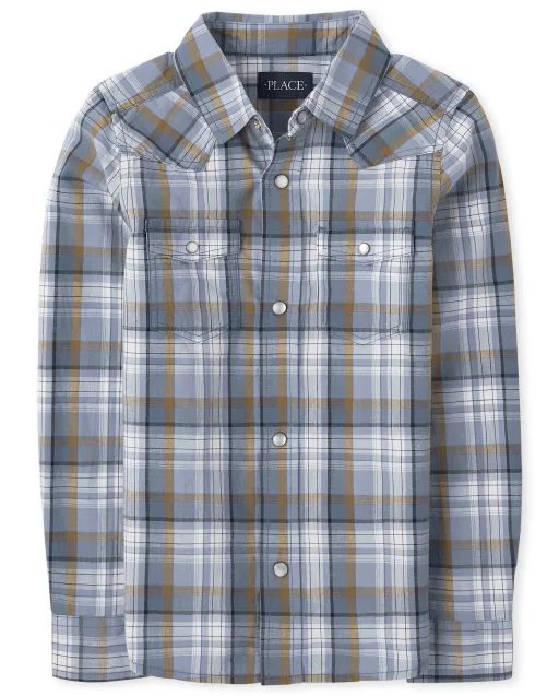 Boys Long Sleeve Plaid Poplin Button Down Shirt | The Children's Place  - STONE QUARRY | The Children's Place