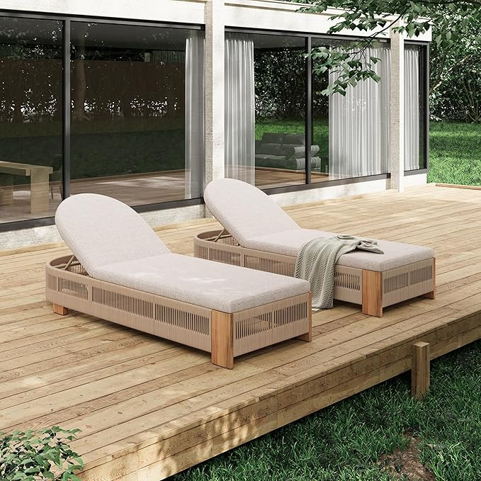 Merax 2-Piece Outdoor Chaise Lounge Chair with Adjustable Backrest & Waterproof Cushion - Acacia ... | Amazon (US)