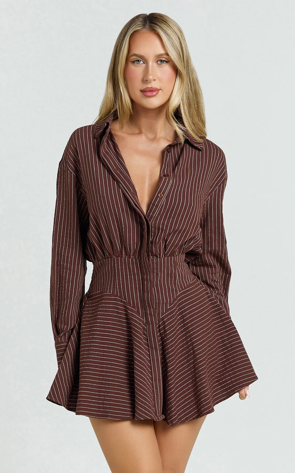 Whitney Mini Dress - Linen Long Sleeve Shirt Dress in Chocolate Pinstripe | Showpo (US, UK & Europe)