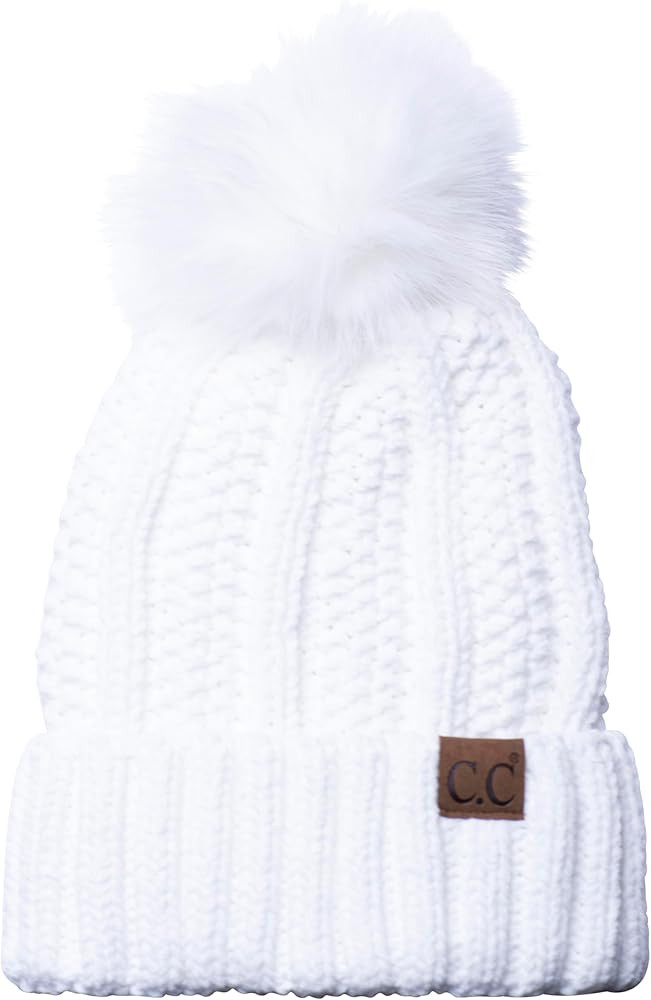 C.C Thick Cable Knit Faux Fuzzy Fur Pom Fleece Lined Skull Cap Cuff Beanie | Amazon (US)
