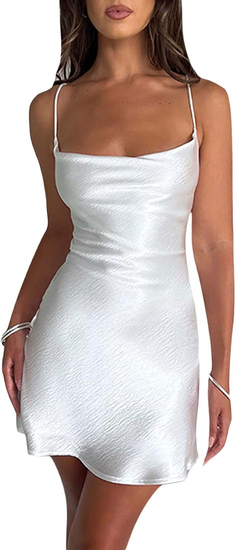 Women's Spaghetti Strap Mini Dress Chic Sleeveless Satin Dress Bodycon Backless Party Club Cami D... | Amazon (US)