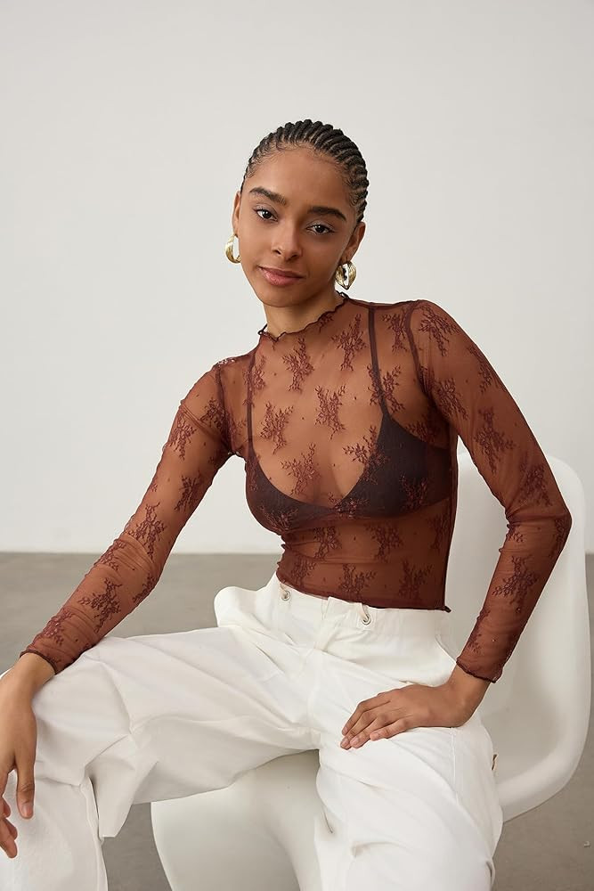 KTILG Womens Mesh Long Sleeve Top Sheer Blouse Sexy See Through Tee Shirt Lace Tops S-XXL | Amazon (US)