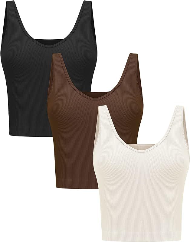 Relety Women's 3 Piece Workout Crop Tank Tops Ribbed Seamless Sleeveless Athletic Yoga Reversible... | Amazon (US)