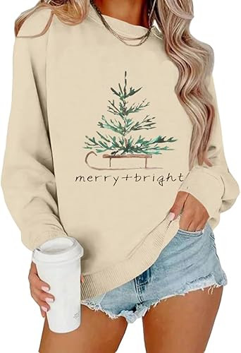 Christmas Sweatshirts for Women Merry and Bright Christmas Tree Graphic Long Sleeve shirts Xmas H... | Amazon (US)