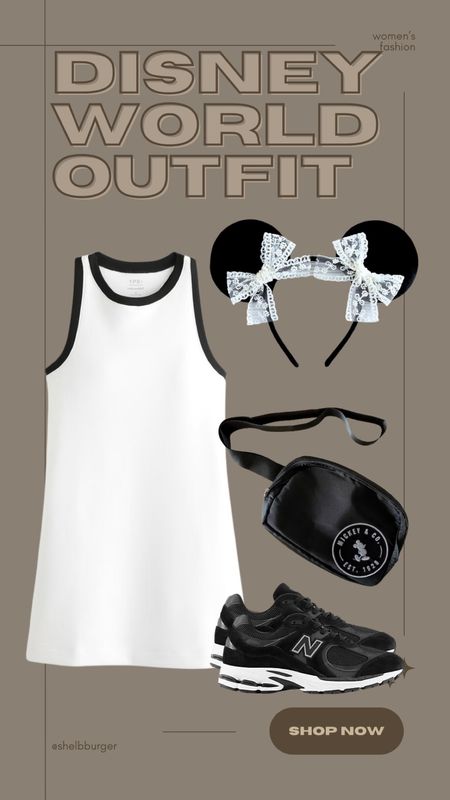 Women’s Disney World Active fashion
• white active mini dress with black outline with shorts and pockets
• mouse ears vintage floral lace coquette 
• Mickey Mouse belt bag
• black and white retro chunky shoes sneakers

#LTKshoecrush #LTKtravel #LTKActive