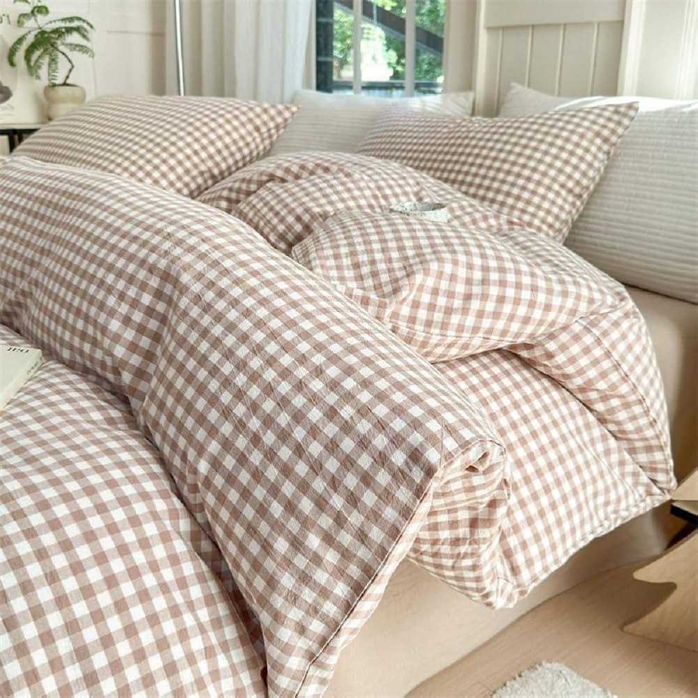 LifeTB Tan Gingham Comforter Set King Modern Style Beige Plaid Comforter Set 3 Pieces Soft Fluffy... | Amazon (US)