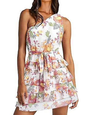 BTFBM 2024 Women One Shoulder Casual Summer Dresses Floral Boho High Waist Beach Ruffle Tiered A ... | Amazon (US)
