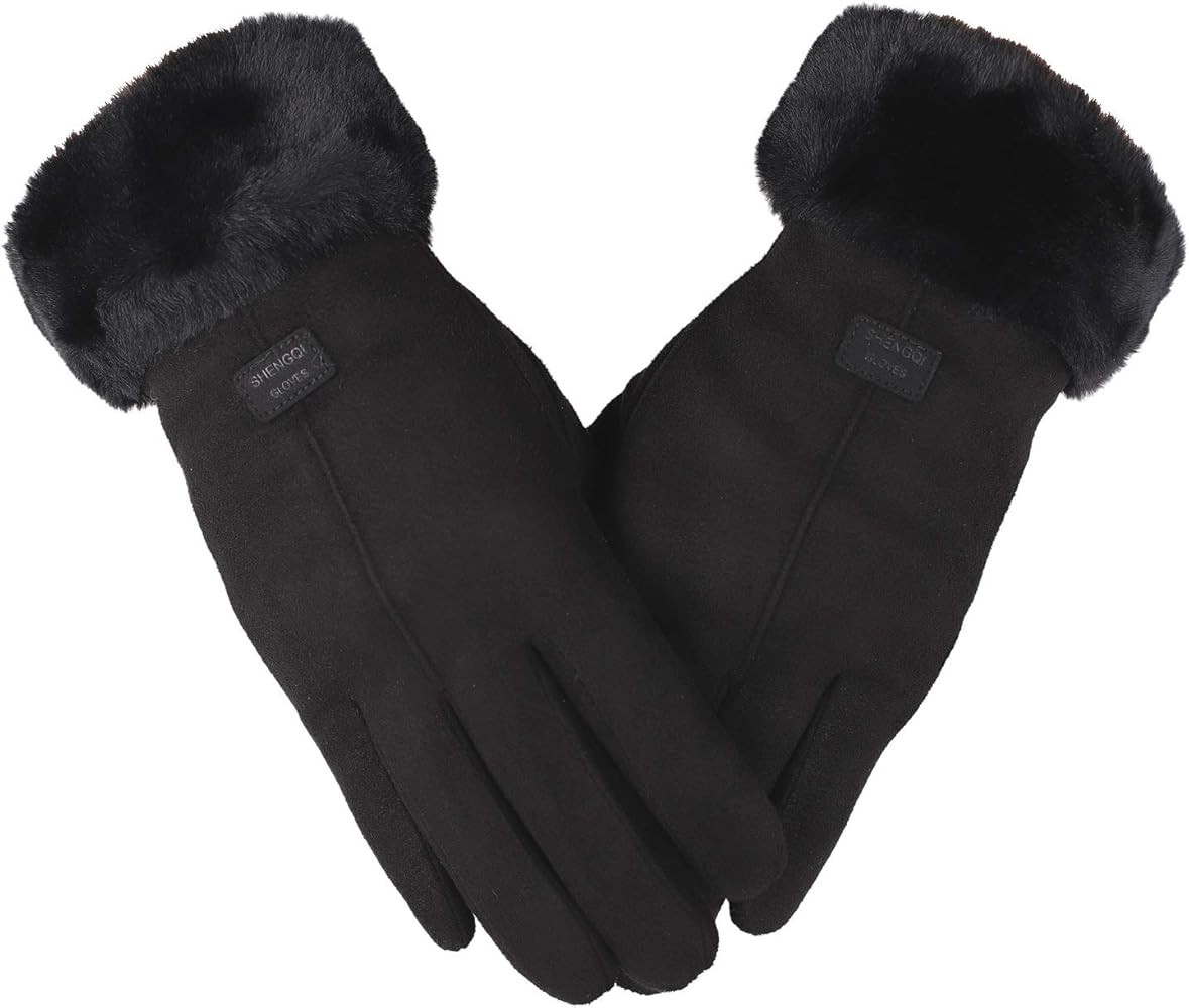 F Flammi Women's Winter Suede Gloves with Fur Cuffs - Soft, Warm, Touchscreen, Fleece Lined | Amazon (US)