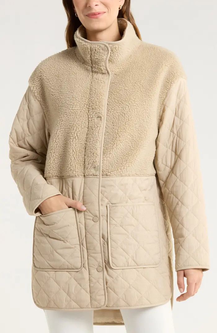 Zella Faux Shearling Trim Quilted Long Jacket | Nordstrom | Nordstrom