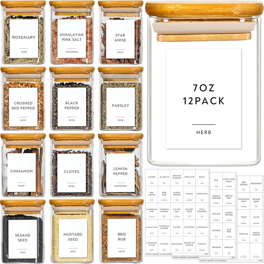 Laramaid 7oz 12Packs Glass Jars Set with Minimalist Spice Labels, Square Spice Jars with Bamboo L... | Amazon (US)