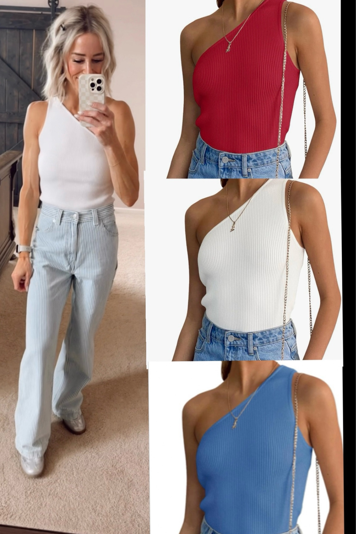 Quick little 4th of
July outfit idea to throw together, and this one shoulder tank is on sale!