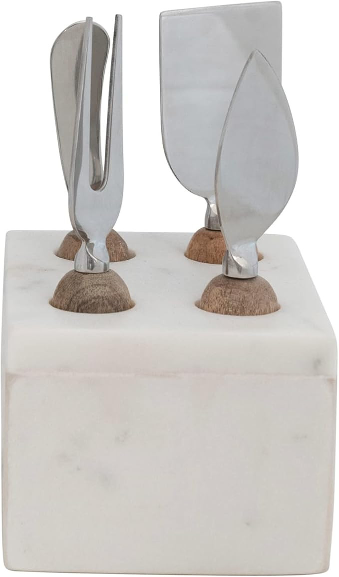 Creative Co-Op Modern Stainless Steel Cheese Servers with Wood Handles and Marble Stand | Amazon (US)