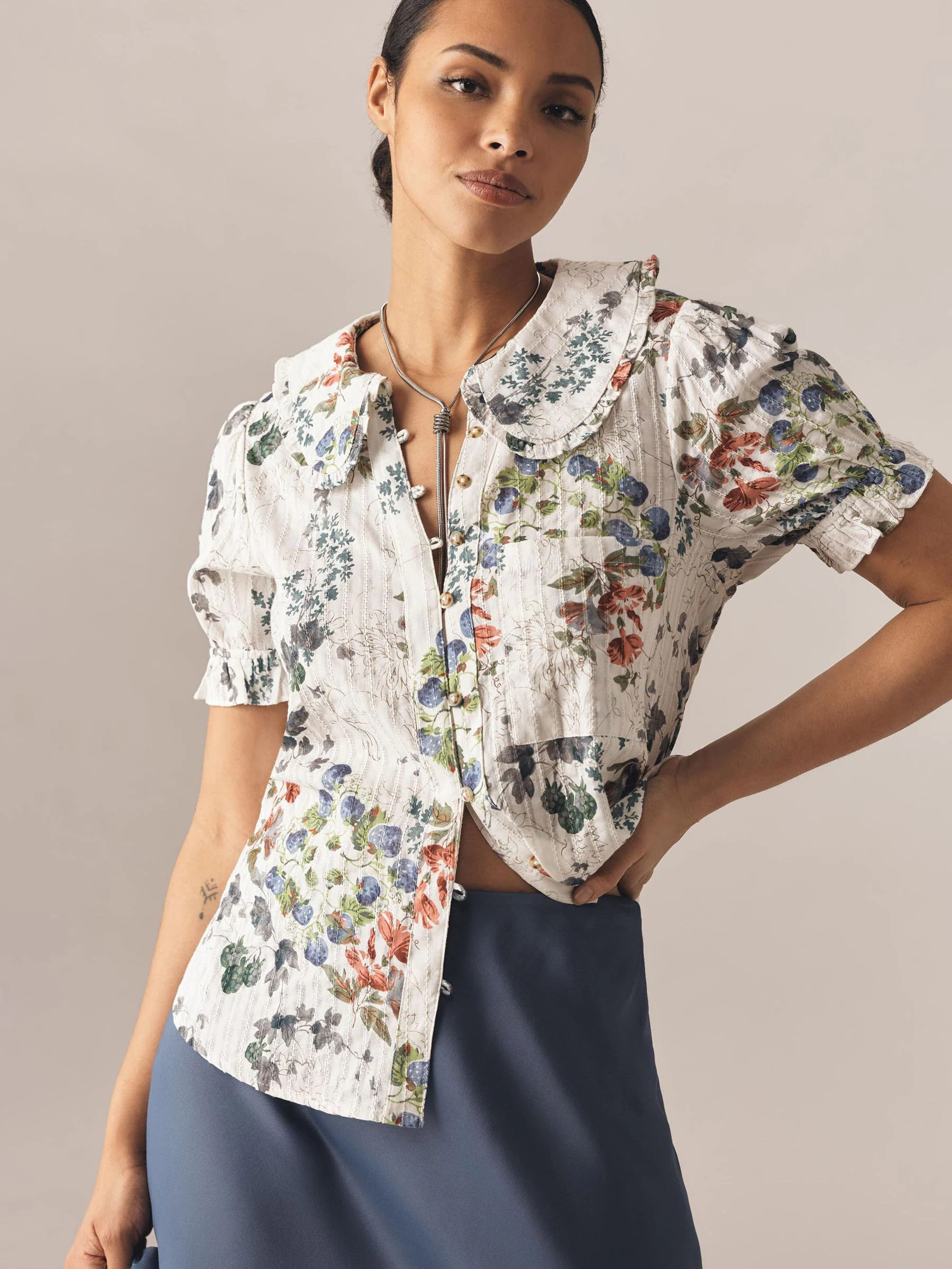 Anthropologie Anthropologie Cream Floral Pilcro The Keira Collared Button-Front Blouse | Next US