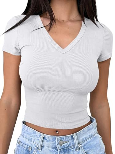 TICTICMIMI Women's Summer V Neck Crop Tops Basic Short Sleeve T Shirts Ribbed Knit Fitted Y2K Tee Shirts White | Amazon (US)