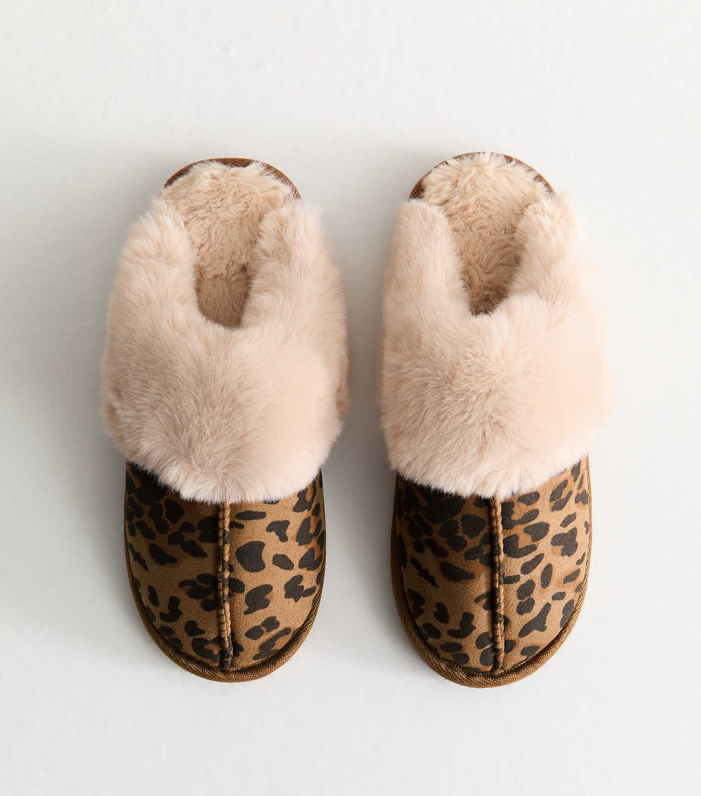Stone Leopard Print Faux Suede and Faux Fur Trim Slippers | New Look | New Look (UK)