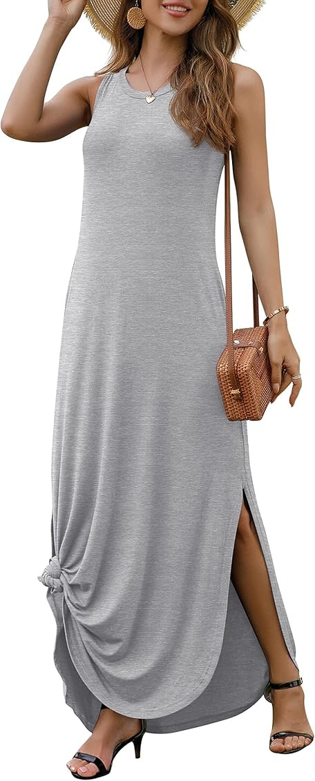 GRECERELLE Women's Summer Sleeveless Casual Racerback Tank Long Dresses Slit Floor Maxi Dress with P | Amazon (US)