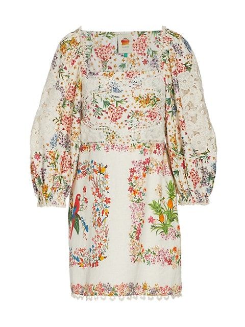Farm Rio Delicate Forest Scarves Billowy-Sleeve Embroidered Minidress | Saks Fifth Avenue
