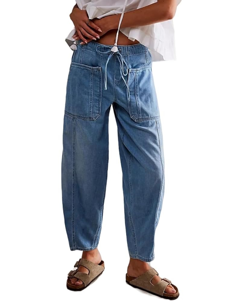 Women Casual Loose Cropped Pants Denim Bloomers Elastic Waist with Pockets | Amazon (US)