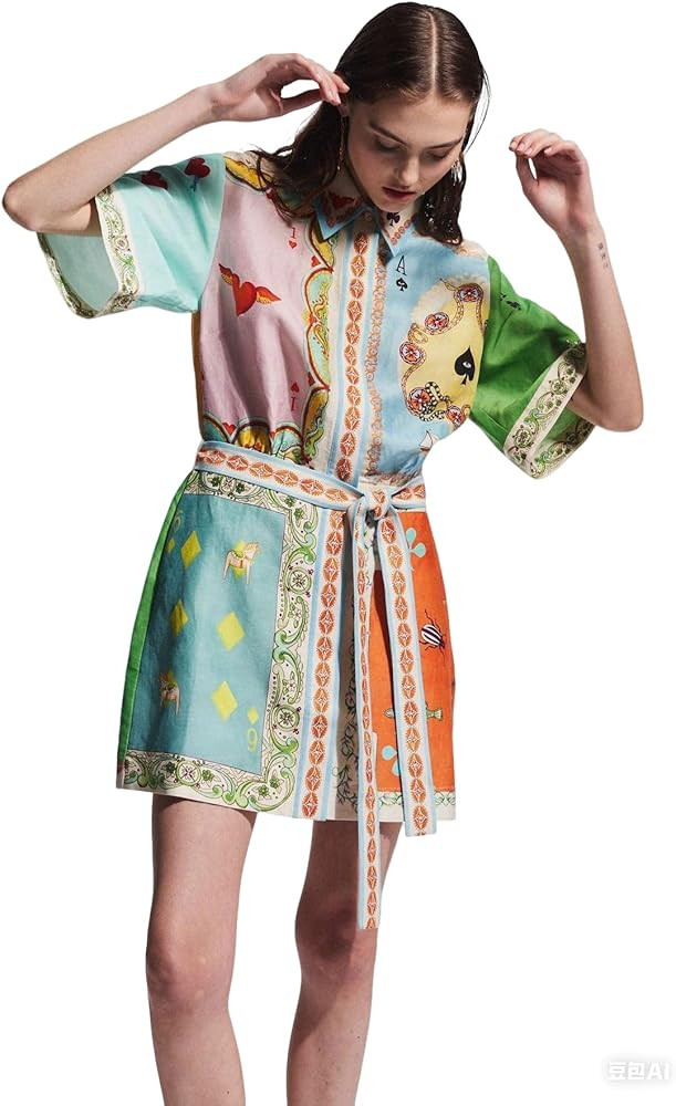 Women's Y2K Floral Graffiti Mini Sundress - Short Sleeve A-Line Shirt Dress with Cute Lace-Up Tri... | Amazon (US)