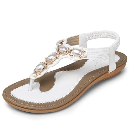 SHIBEVER Flat Sandals for Women Dressy: White Size 10 Sparkly Summer Sandals - Comfortable Walking Dress Womens Flats Sandal | Amazon (US)