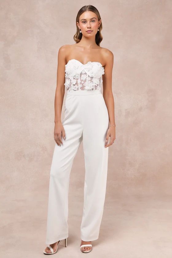 Fashionista Nights White Mesh 3D Floral Strapless Jumpsuit | Lulus
