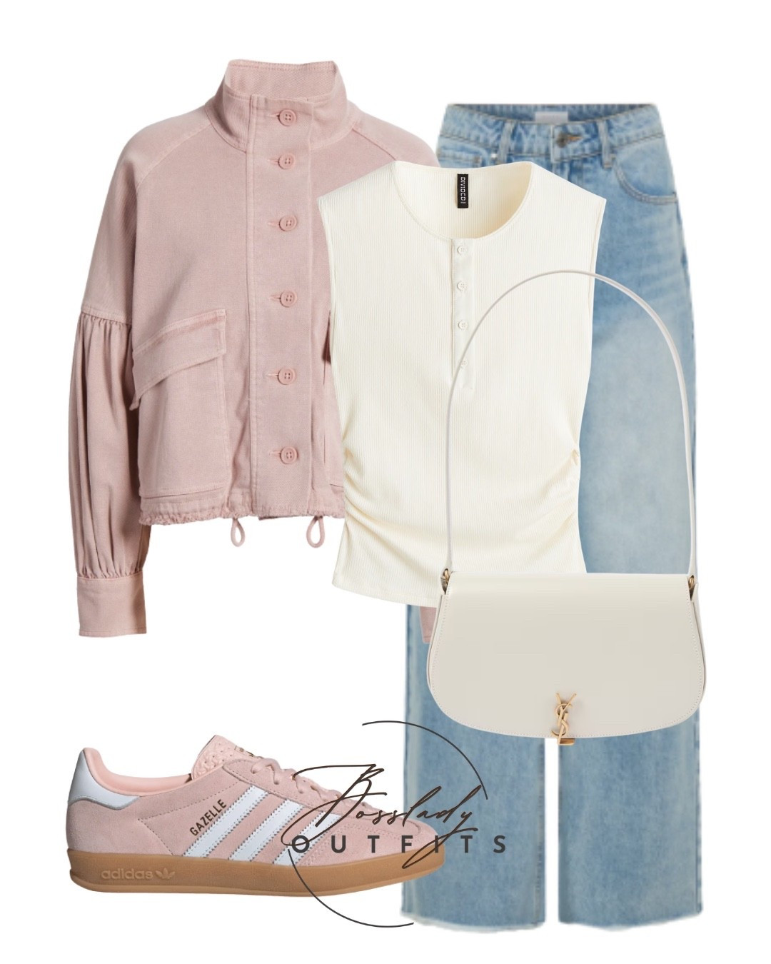 Ready for spring with the perfect casual pastel outfit! 🌸✨ Obsessed with this dusty pink button-up jacket—it's the perfect lightweight layer over a classic white ribbed henley tank. Paired with relaxed, light-wash wide-leg jeans for that effortlessly chic weekend vibe. Finishing off the look with the trending pink Adidas Gazelle sneakers (so comfy!) and a crisp white YSL crossbody bag for a touch of designer style.

#LTKstyletip #LTKbag #LTKshoes