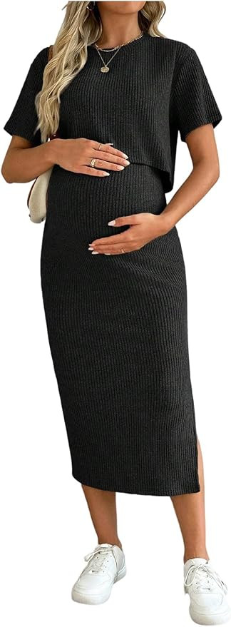 SHENHE Women's Maternity Ribbed 2 Piece Outfits Crop Top Bodycon Midi Skirt | Amazon (US)