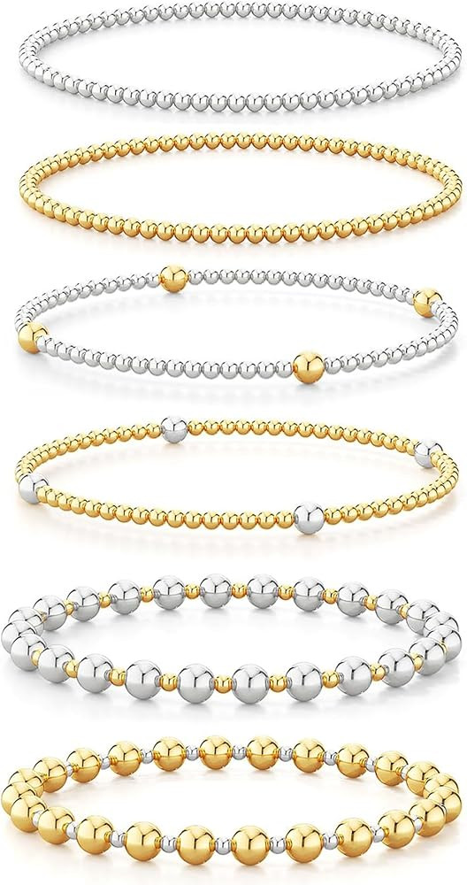 Layered Elastic Stretch 2MM/4MM/6MM Beaded Bracelets - Dainty 14K Gold/Silver Plated Stack Bracel... | Amazon (US)