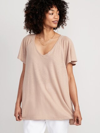 Oversized V-Neck Linen-Blend Tunic T-Shirt for Women | Old Navy (US)