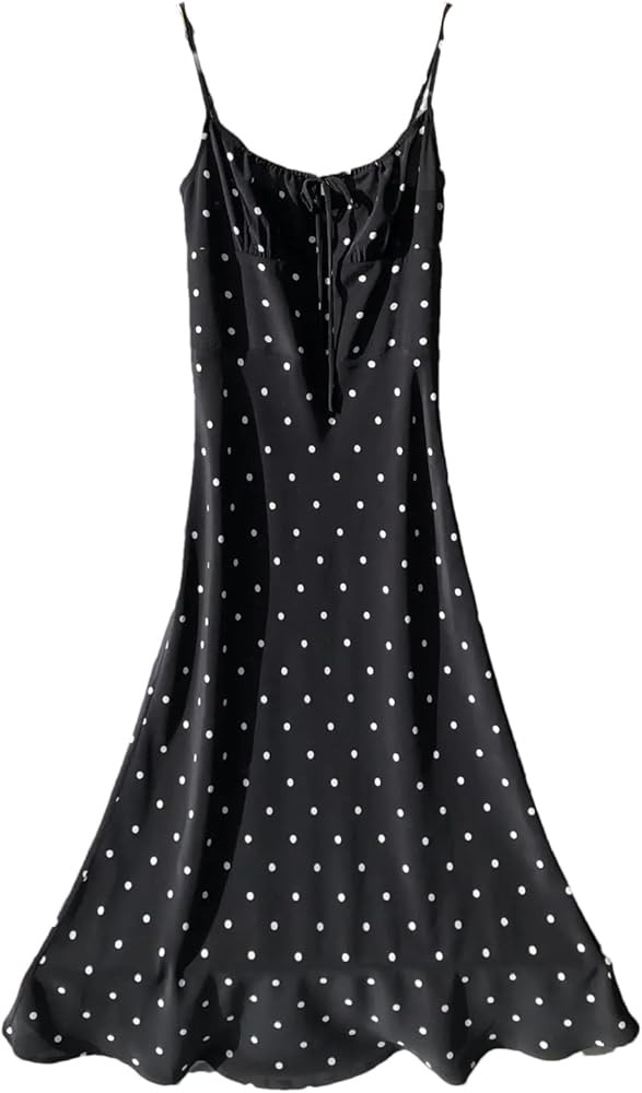 Women Silk V-Neck Dresses Spaghetti Strap Dots Pullover Dress Slim Fit Ankle-Length Dresses | Amazon (US)