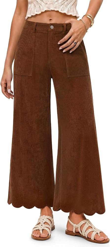 Yousify Women Scalloped Hem High Waist Corduroy Wide Leg Pants with Pockets | Amazon (US)